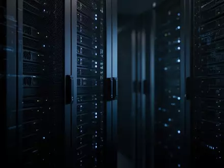 Ein minimalistischer, dunkel gehaltener Serverraum mit bläulicher Beleuchtung, der eine technologische Sicherheitsumgebung symbolisiert. - Foto: über boerse-global.de