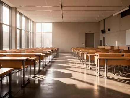Ein moderner, leerer Hörsaal mit Holztischen und einfallendem Tageslicht in einem Universitätsgebäude. - Foto: über boerse-global.de