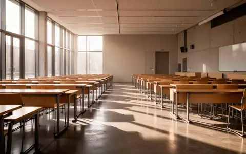 Ein moderner, leerer Hörsaal mit Holztischen und einfallendem Tageslicht in einem Universitätsgebäude. - Foto: über boerse-global.de