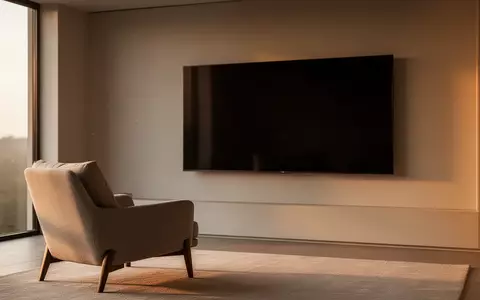 Modernes, minimalistisches Wohnzimmer mit einem leeren, dunklen Fernsehbildschirm an einer schlichten Wand bei Tageslicht. - Foto: über boerse-global.de