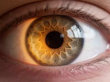 Nahaufnahme einer menschlichen Iris mit bernsteinfarbenem Licht, die die feinen Strukturen des Auges hervorhebt. - Foto: über boerse-global.de