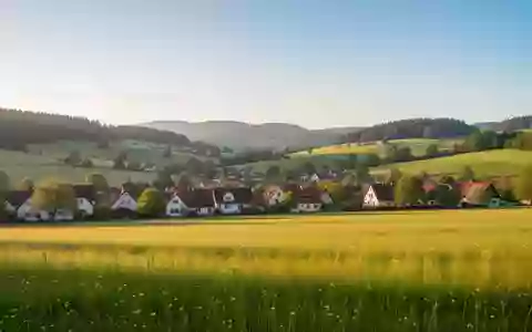 Eine weitläufige, sonnige Wiese am Rande eines Dorfes mit sanften Hügeln im Hintergrund bei goldenem Licht. - Foto: über boerse-global.de