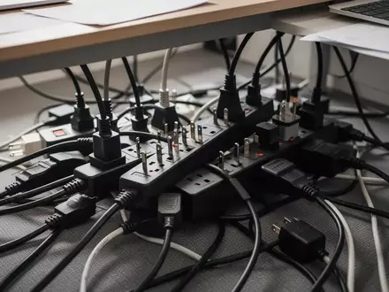 Mehrfachsteckdosen mit zahlreichen eingesteckten Kabeln unter einem Schreibtisch im Büro. - Foto: über boerse-global.de