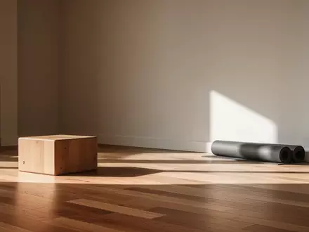 Ein heller, minimalistischer Physiotherapieraum mit Holzboden, einer Yogamatte und einem Übungsblock in einer Ecke. - Foto: über boerse-global.de