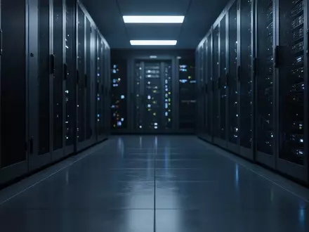Dunkler Serverraum mit blauem Licht und unscharfen Serverracks im Hintergrund. - Foto: über boerse-global.de