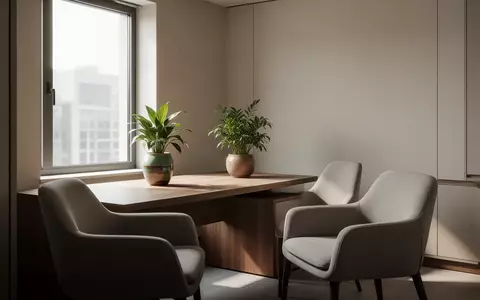 Ein minimalistischer, heller Praxisraum mit zwei Sesseln und einer Pflanze bei natürlichem Tageslicht. - Foto: über boerse-global.de