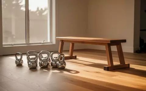 Ein minimalistischer, lichtdurchfluteter Fitnessraum mit Kettlebells und einer Trainingsbank auf einem Holzboden. - Foto: über boerse-global.de