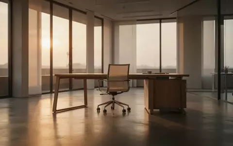 Ein minimalistisches, ruhiges und modernes Büro mit einem leeren Schreibtisch und Stuhl in weichem Tageslicht. - Foto: über boerse-global.de