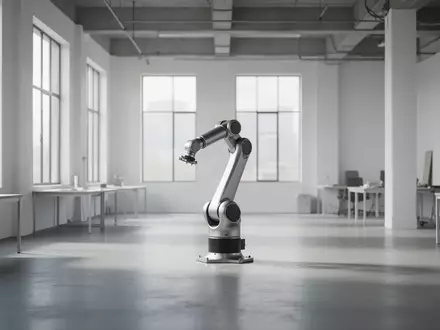 Ein minimalistisches Industriedesign-Studio mit einem dezent im Hintergrund platzierten Roboterarm in einer hellen, leeren Arbeitsumgebung. - Foto: über boerse-global.de