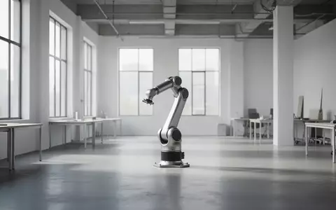 Ein minimalistisches Industriedesign-Studio mit einem dezent im Hintergrund platzierten Roboterarm in einer hellen, leeren Arbeitsumgebung. - Foto: über boerse-global.de