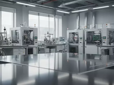 Ein minimalistisches, modernes Labor mit Halbleiter-Fertigungstechnik im Hintergrund bei natürlichem Licht. - Foto: über boerse-global.de