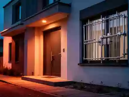 Ein Wohnhaus bei Dämmerung mit Fokus auf eine sichere Eingangstür und Fenster als Symbol für Einbruchschutz. - Foto: über boerse-global.de