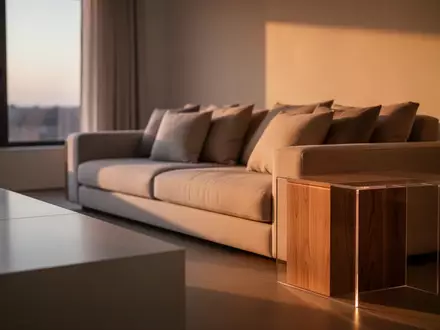 Ein aufgeräumtes, minimalistisches Wohnzimmer im warmen Licht des Abends mit einer ordentlichen Couch und leeren Oberflächen. - Foto: über boerse-global.de