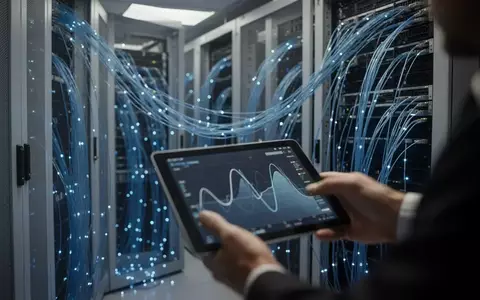 Ein moderner Serverraum mit Glasfaserkabeln und unscharfen Datenkurven im Vordergrund. - Foto: über boerse-global.de