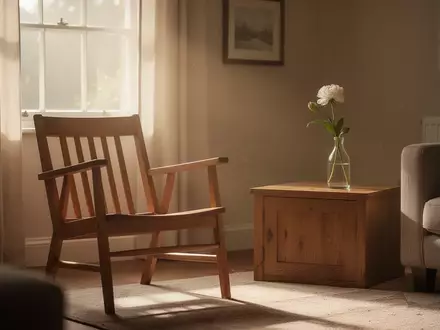 Ein ruhiger, sonnendurchfluteter Wohnraum mit einem leeren Stuhl und einer einzelnen Blume in einer Vase, der eine Atmosphäre von häuslicher Geborgenheit vermittelt. - Foto: über boerse-global.de