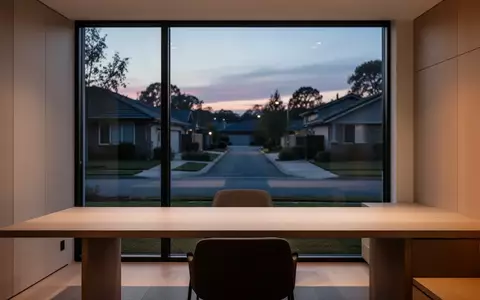 Ein minimalistisches Heimbüro mit einem leeren Schreibtisch vor einem Fenster bei Dämmerung. - Foto: über boerse-global.de