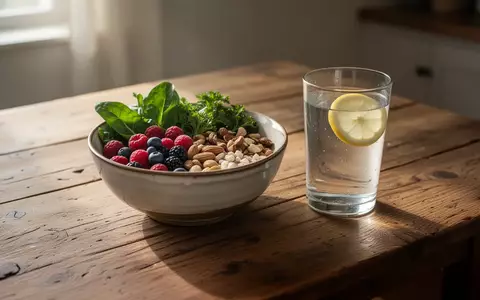Ein heller Holztisch mit einer Schale voller frischer, gesunder Lebensmittel wie Beeren und Nüssen sowie einem Glas Wasser. - Foto: über boerse-global.de