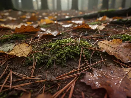 Ein feuchter, herbstlicher Waldboden mit Moos und herabgefallenen Blättern im diffusen Licht. - Foto: über boerse-global.de
