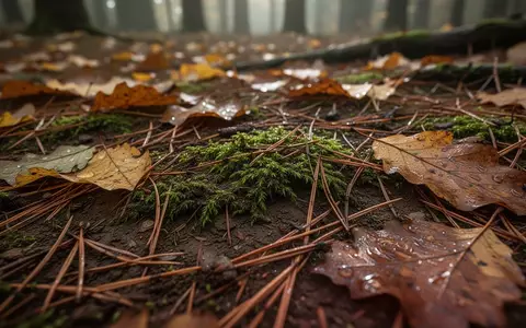 Ein feuchter, herbstlicher Waldboden mit Moos und herabgefallenen Blättern im diffusen Licht. - Foto: über boerse-global.de