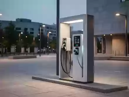 Eine moderne öffentliche Ladesäule für Elektroautos auf einem ruhigen, gepflasterten Platz in der Dämmerung. - Foto: über boerse-global.de
