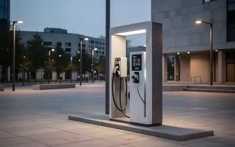 Eine moderne öffentliche Ladesäule für Elektroautos auf einem ruhigen, gepflasterten Platz in der Dämmerung. - Foto: über boerse-global.de