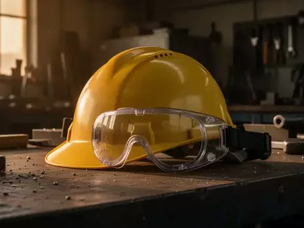 Symbolbild: Schutzhelm und Schutzbrille auf einer Werkbank - Foto: ĂŒber boerse-global.de