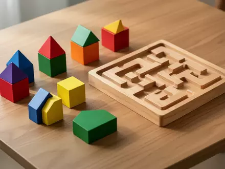 Bunte geometrische Holzbausteine und ein hölzernes Labyrinth-Puzzle auf einem Tisch zur kognitiven Förderung. - Foto: über boerse-global.de