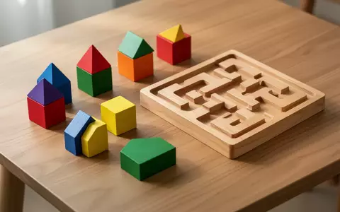 Bunte geometrische Holzbausteine und ein hölzernes Labyrinth-Puzzle auf einem Tisch zur kognitiven Förderung. - Foto: über boerse-global.de