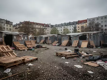Ein verlassenes, geräumtes Gelände mit Überresten von Behausungen und Trümmern auf einer Kiesfläche in Berlin-Friedrichshain. - Foto: über boerse-global.de