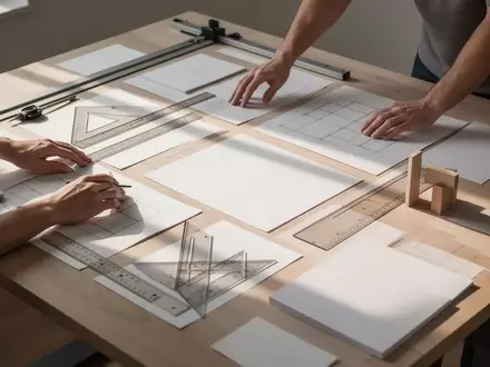 Ein minimalistischer Arbeitsbereich mit architektonischen Zeichenwerkzeugen, Linealen und leeren Papierblättern auf einem Holztisch. - Foto: über boerse-global.de