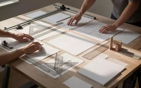 Ein minimalistischer Arbeitsbereich mit architektonischen Zeichenwerkzeugen, Linealen und leeren Papierblättern auf einem Holztisch. - Foto: über boerse-global.de
