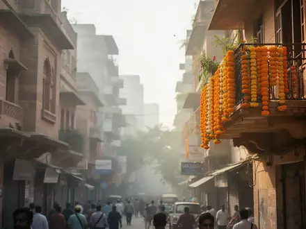 Sonnendurchflutete städtische Szene in Indien mit architektonischen Details und Blumenschmuck vor einem unscharfen Hintergrund. - Foto: über boerse-global.de
