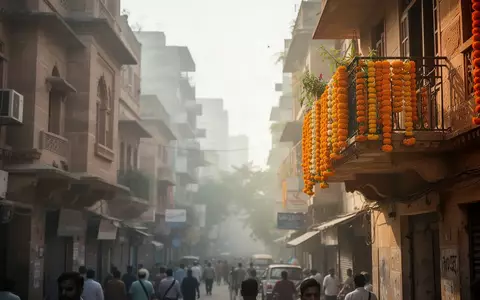 Sonnendurchflutete städtische Szene in Indien mit architektonischen Details und Blumenschmuck vor einem unscharfen Hintergrund. - Foto: über boerse-global.de