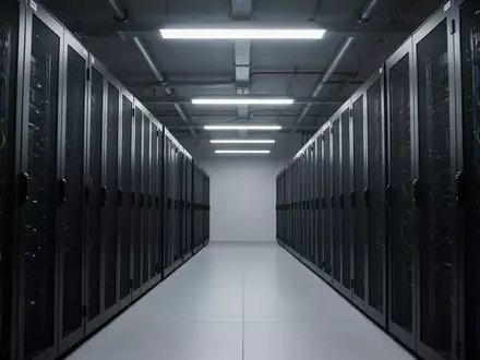 Reihen von leeren, dunklen Serverracks in einem modernen Rechenzentrum, beleuchtet durch kühles, industrielles Licht. - Foto: über boerse-global.de