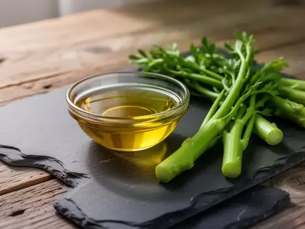 Eine Nahaufnahme einer Schale mit Olivenöl und frischem Gemüse auf einer dunklen Schieferplatte bei natürlichem Licht. - Foto: über boerse-global.de