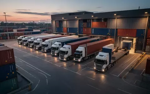 Moderne Logistik-Verladestation mit Lastwagen und Containern bei Dämmerung. - Foto: über boerse-global.de