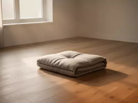Ein minimalistischer Raum mit einem Meditationskissen auf einem Holzboden, beleuchtet durch weiches Morgenlicht. - Foto: über boerse-global.de