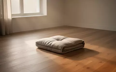 Ein minimalistischer Raum mit einem Meditationskissen auf einem Holzboden, beleuchtet durch weiches Morgenlicht. - Foto: über boerse-global.de