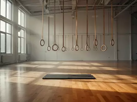 Leere, minimalistische Trainingshalle mit Holzboden und hängenden Gymnastikringen in ruhigem Licht. - Foto: über boerse-global.de