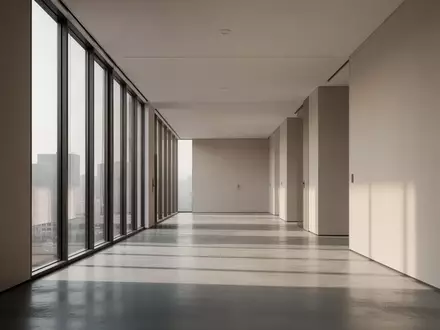 Ein minimalistischer Flur in einem modernen Bürogebäude mit hellem, natürlichem Tageslicht und klaren architektonischen Linien. - Foto: über boerse-global.de