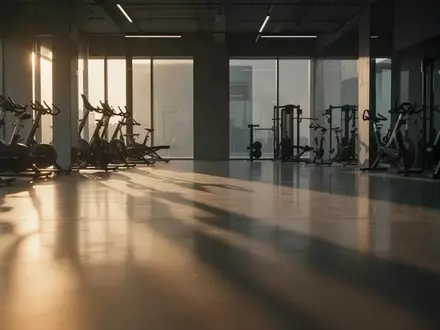 Ein minimalistisch gestalteter Fitnessraum mit langen Schatten auf einem Betonboden bei einfallendem Sonnenlicht. - Foto: über boerse-global.de