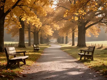 Ein ruhiger Parkweg mit herbstlichen Bäumen und leeren Holzbänken in einer friedlichen, natürlichen Umgebung. - Foto: über boerse-global.de