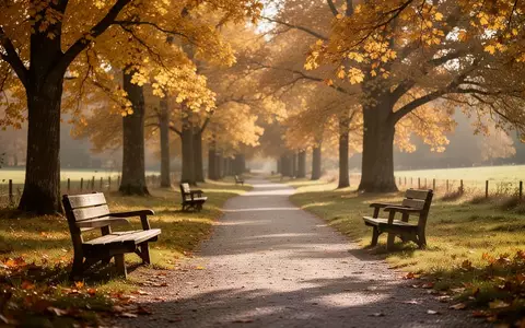 Ein ruhiger Parkweg mit herbstlichen Bäumen und leeren Holzbänken in einer friedlichen, natürlichen Umgebung. - Foto: über boerse-global.de