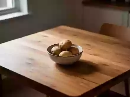 Ein minimalistischer Holztisch mit einer kleinen Schale voller Kartoffeln in einem ruhig beleuchteten Raum. - Foto: über boerse-global.de