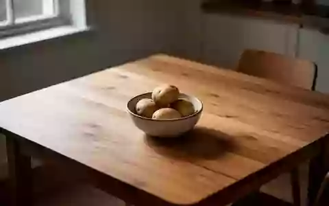 Ein minimalistischer Holztisch mit einer kleinen Schale voller Kartoffeln in einem ruhig beleuchteten Raum. - Foto: über boerse-global.de