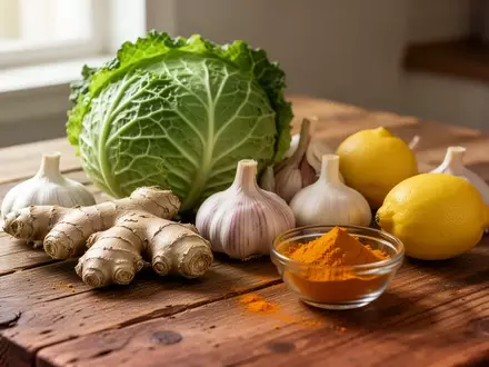 Frische Zutaten wie Kohl, Ingwer, Knoblauch und Kurkuma auf einem Holztisch in einer hellen Küche. - Foto: über boerse-global.de