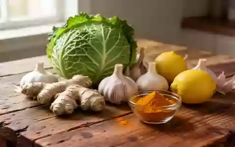 Frische Zutaten wie Kohl, Ingwer, Knoblauch und Kurkuma auf einem Holztisch in einer hellen Küche. - Foto: über boerse-global.de