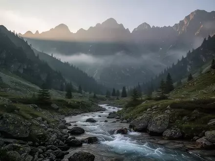 Morgenstimmung in einer nebligen Berglandschaft der Karpaten mit einem Gebirgsfluss im Vordergrund. - Foto: über boerse-global.de