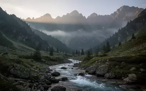 Morgenstimmung in einer nebligen Berglandschaft der Karpaten mit einem Gebirgsfluss im Vordergrund. - Foto: über boerse-global.de