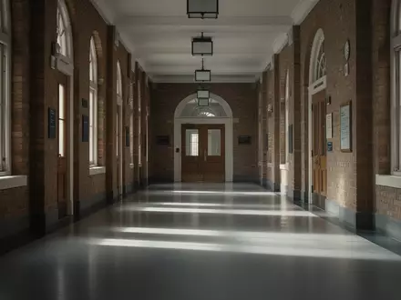 Ein leerer, ruhiger Flur in einem städtischen Verwaltungsgebäude mit Backsteinwänden und natürlichem Lichteinfall. - Foto: über boerse-global.de